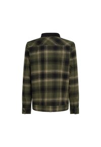Groene geruite shirt met zwarte en crèmekleurige patronen. Heeft een zwarte kraag, lange mouwen en een knop bij de manchette. Achteraanzicht weergegeven.
