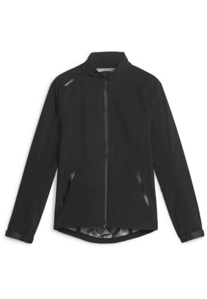 Lightweight black jacket with a stand collar, front zipper, two side pockets, and reflective accents on the shoulders and zippers.