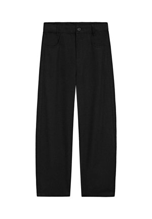 Sorte bukser med lige ben, frontlukning med knap og lynlås, bæltestropper og forlommer, vist på en hvid baggrund.