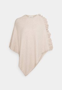 Smėlio spalvos pončas su tekstūruotu paviršiumi, kuriame vienoje pusėje yra raukiniai ir apvalus iškirptės kraštas. Minkšta, lengva medžiaga.