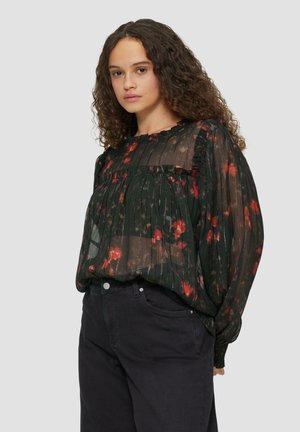 Durchsichtige, dunkelgrüne Bluse mit floralen Mustern in Rot und Gelb, plissierter Textur, Rüschkragen und langen Ballonärmeln.