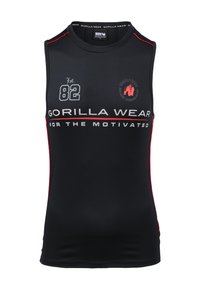 Juodas be Rankovių sportinis marškinėliai su raudonais akcentais, su užrašu „GORILLA WEAR FOR THE MOTIVATED“ ir logotipu ant krūtinės.