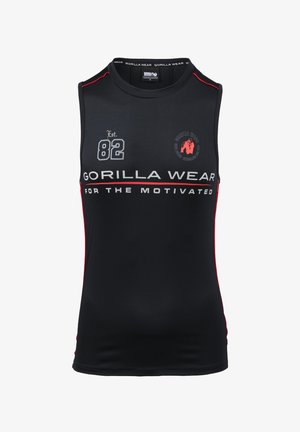 Zwarte mouwloze sporttanktop met rode accenten, voorzien van de tekst "GORILLA WEAR FOR THE MOTIVATED" en een logo op de borst.