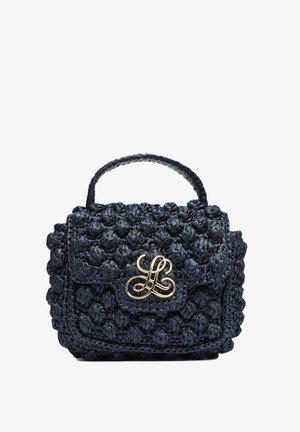 Navy woven handbag with a textured design, featuring a front flap and gold hardware logo. Compact with a top handle for easy carrying.