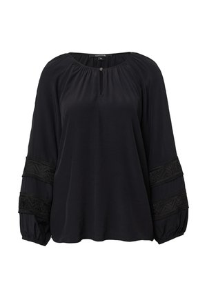 Zwarte blouse met een ronde hals, geplooide voorkant en lange mouwen met geborduurde accenten. Gemaakt van lichtgewicht stof.