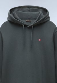 Donkergrijze hoodie van zachte stof, met een voorzak, trekkoorden en een klein rood en wit vlaglogo op de borst.