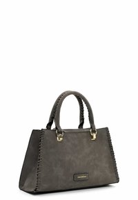 Borsa in finta suede grigia con manici doppi, accessori in tonalità oro e dettagli intrecciati sui lati. Forma rettangolare con chiusura a zip.