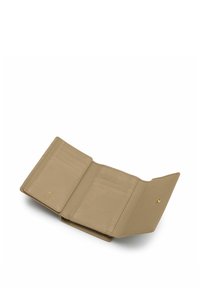 Portafoglio in pelle beige con superficie testurizzata, dotato di più scomparti per carte e chiusura a scatto, orientato aperto per mostrare i dettagli interni.