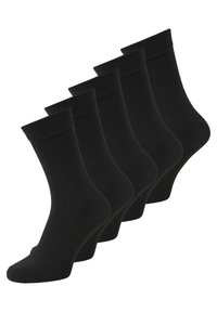 Calcetines de algodón negros de corte crew, cinco pares, con un puño acanalado y textura suave, diseñados para mayor comodidad y un ajuste seguro.