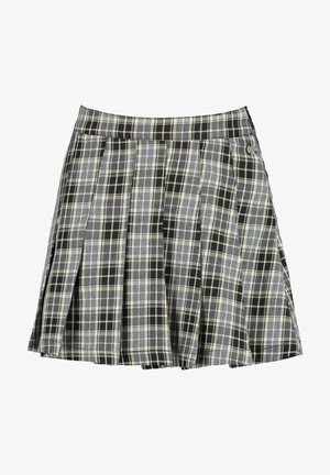 Jupe plissée à carreaux noire, grise et blanche avec un bouton à la taille, présentée sur un fond blanc.