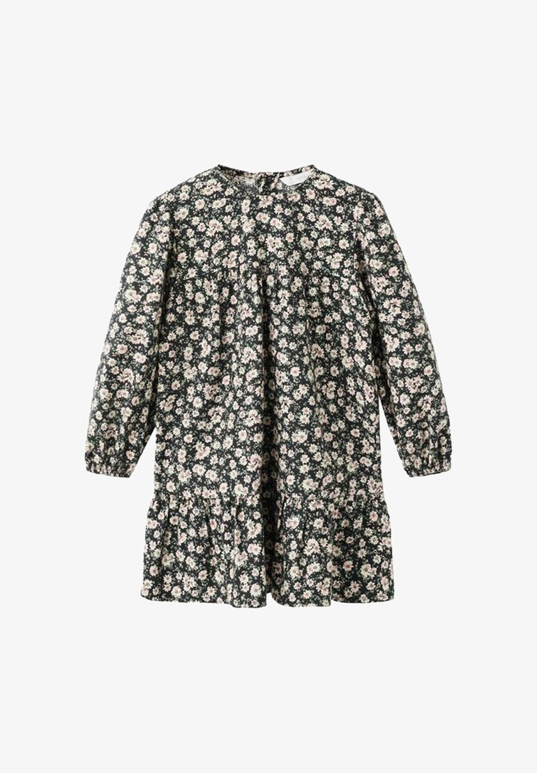 Cvečna obleka z temno zeleno podlago, dolgimi rokavi, okroglo ovratnico in večplastnim volančkom na robu. Ponuja majhne roza in bele cvetove.