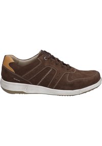 Brown suede sneaker with a white rubber sole, featuring contrasting tan accents, stitched detailing, and lace-up closure.