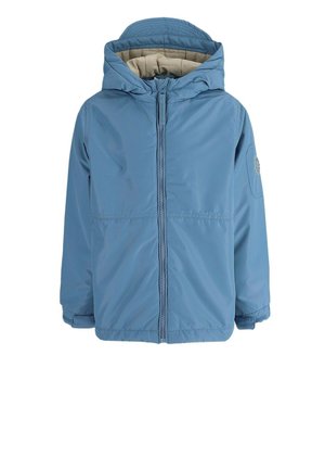 Niebieska zimowa kurtka dziecięca z kapturem, z przednim zamkiem błyskawicznym, elastycznymi mankietami oraz beżową podszewką widoczną wewnątrz kaptura.
