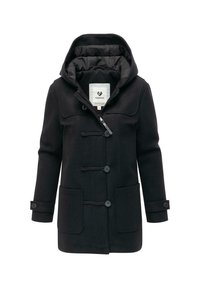 Svart huva rock med en mjuk innerfoder, tryckknappar och två framfickor. Har en slät textur och en figursydd design.