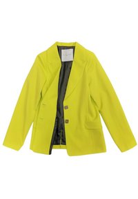 Blazer verde lime con un design strutturato, dotato di chiusura a un bottone, due tasche laterali e foderato in raso nero.