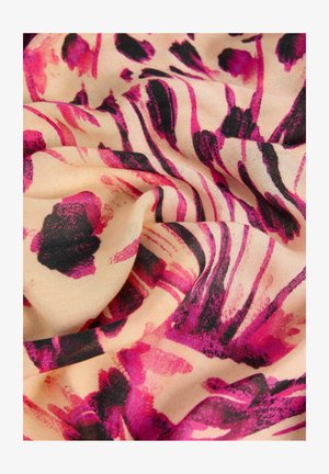 Tkani s uzorkom koja prikazuje apstraktne cvjetne dizajne u ružičastoj i crnoj boji na mekoj, laganoj bež pozadini.