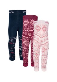 Knitted tights in navy, burgundy, and light pink. Features winter patterns with snowflakes and trees. Soft, stretchy fabric with closed toes.
