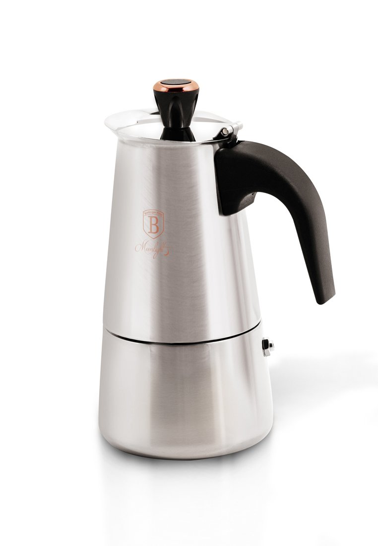 Caffettiera in acciaio inossidabile per il piano cottura con manico e pomello neri, dotata di un accento in oro rosa sul pomello del coperchio.