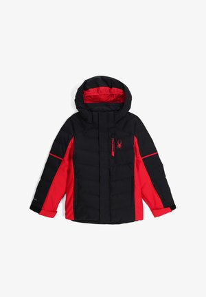 Schwarze und rote isolierte Jacke mit einer Kapuze, durchgehendem Reißverschluss, Brusttasche und verstellbaren Manschetten. Mit einem Spinnenlogo auf der Brust.