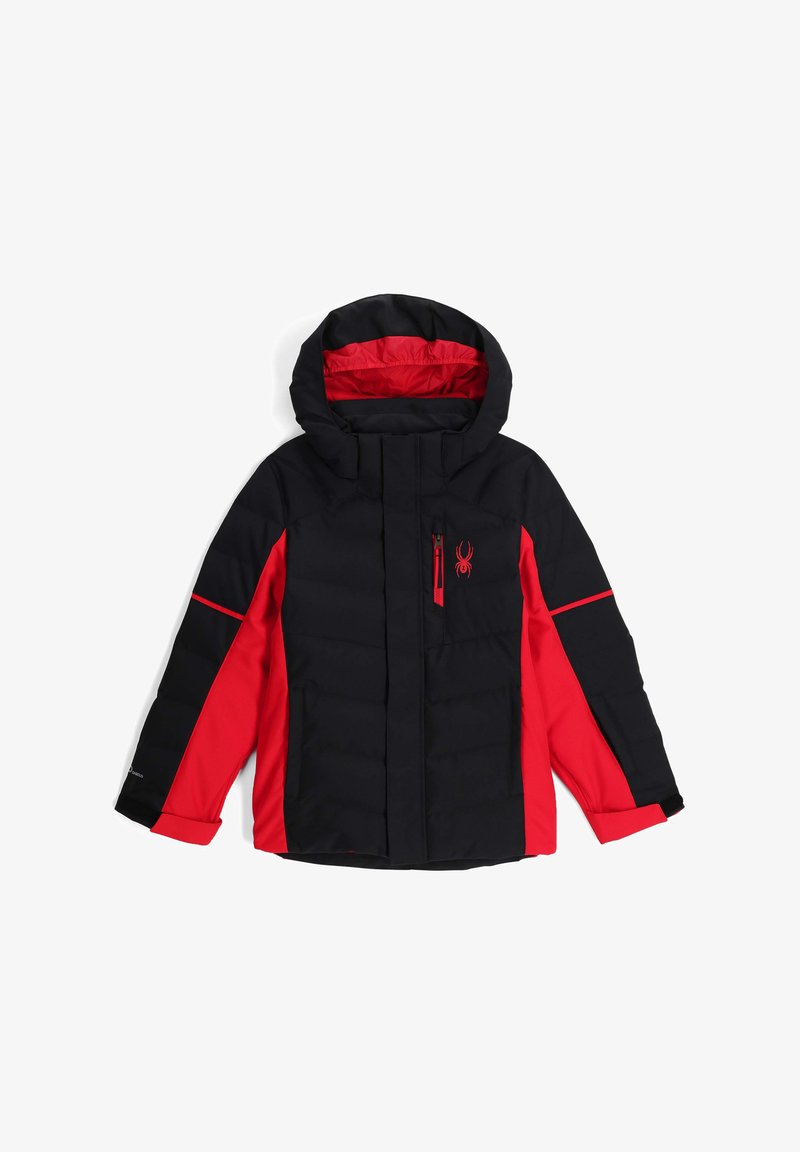 Chaqueta aislante negra y roja con capucha, frontal con cremallera, bolsillo en el pecho y puños ajustables. Presenta un logotipo de araña en el pecho.