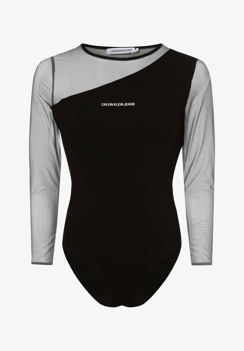 Body asymétrique noir avec manches longues transparentes et partie supérieure de la poitrine, avec logo blanc Calvin Klein Jeans à l'avant.