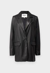 Blazer in pelle nera con revers a punta, chiusura a singolo bottone, tasche frontali e una texture liscia. Etichetta visibile all'interno con il marchio "ONLY".