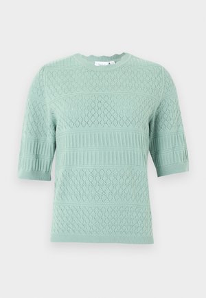 Light mint green knitted sweater with short sleeves, featuring textured diamond and horizontal rib patterns. Crew neck design.