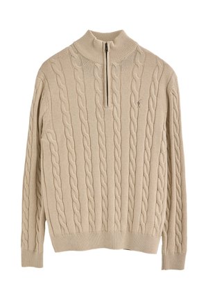 Beige Kabelstrickpullover mit hohem Kragen und Reißverschlussdetails. Merkmale sind das strukturierte Muster, die gerippten Bündchen und der Saum. Weiches Stoffgefühl.