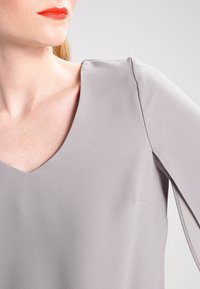 Ljusgrå blus med V-hals, långa ärmar och slät yta. Har subtila sömmar på axeln.