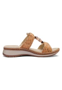 Dame åben tå kork sandal med beige polstret sål og dekorative brune og lyserøde perler på den øverste rem.