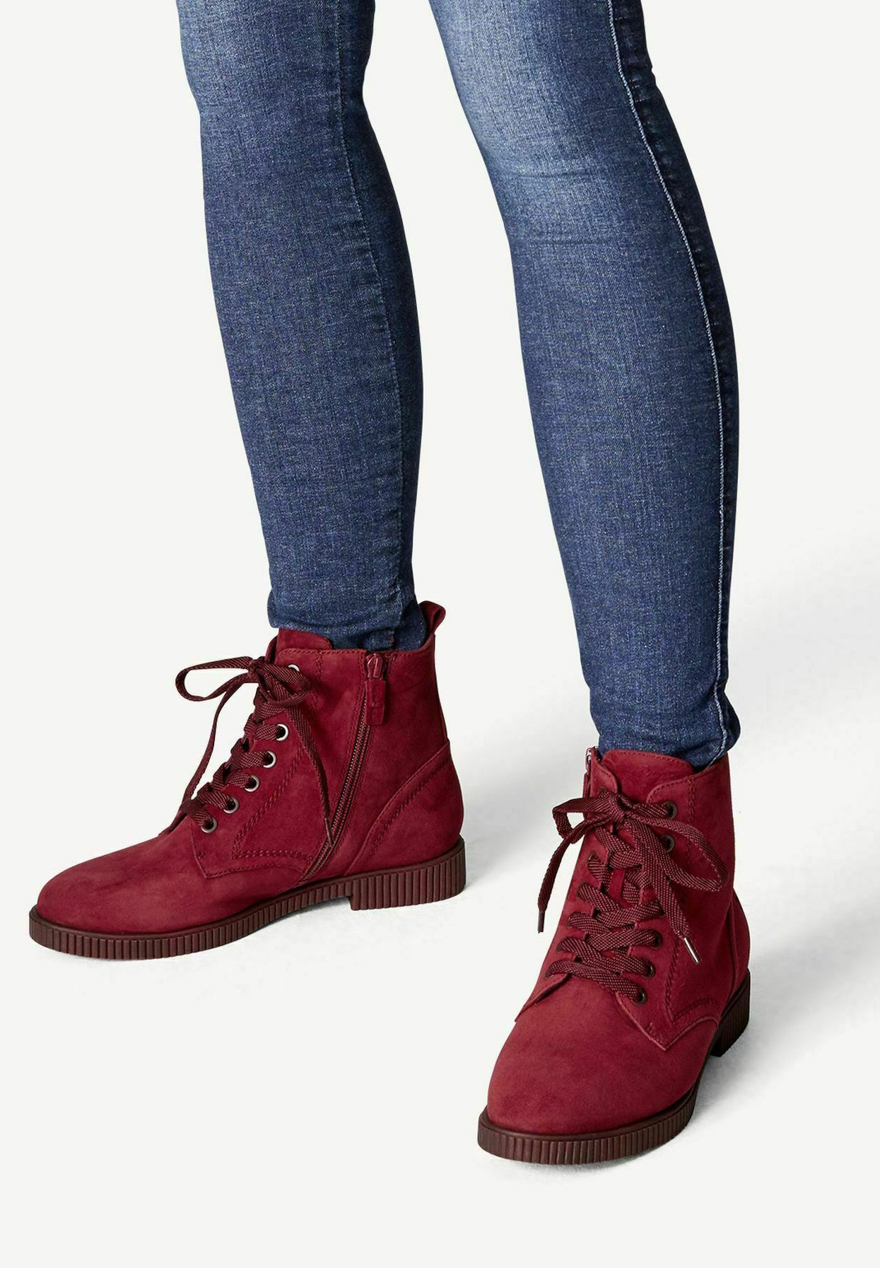 red leather flat ankle boots