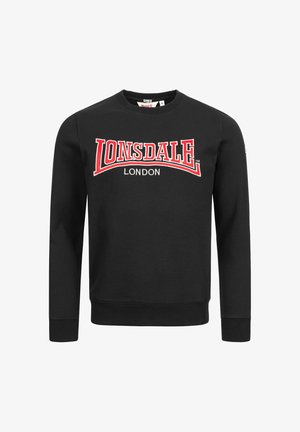 Felpa nera in cotone con maniche lunghe, dotata di un colletto rotondo e un audace logo rosso "Lonsdale London" sulla parte anteriore.