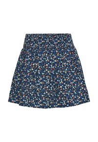 Falda floral con un fondo azul oscuro, que presenta una cintura fruncida y un patrón de pequeñas flores en rojo, blanco y azul claro.