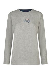 Hellgraues langärmliges Hemd aus weichem Stoff, mit eingesticktem Text "Frohe Feiertage" in Marineblau mit roten und grünen Akzenten.