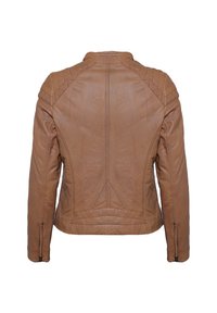 Bruine leren jas met een geborduurde schouderontwerp, fitted vorm, geribbelde accenten en ritsmanchetten. Achteraanzicht weergegeven.