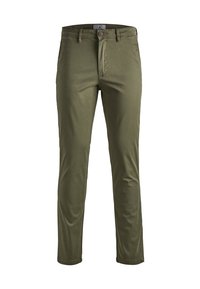 Olivenfarvede chinos lavet af en bomuldsblanding, med lige ben, standard talje og frontlommer. Ingen markante mønstre eller metaldele.