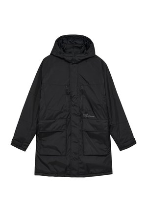 Black padded jacket with a hood, two large front pockets, zip closures, and subtle logo detailing on the front. Waterproof material.