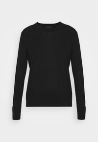 Svart långärmad tröja, mjukt stickat material, rund halsringning, figursydda ärmslut och nederkant, sömlös design utan synlig hårdvara eller mönster.