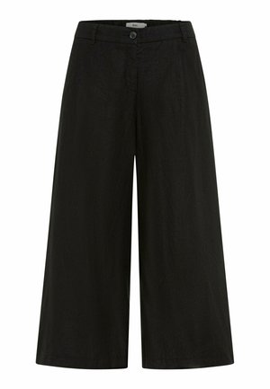 Pantaloni neri a gamba larga, taglio corto, con chiusura a bottone e zip, passanti per cintura e una texture liscia.