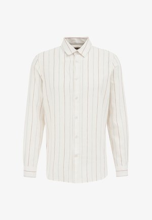 Hvid skjorte med lange ærmer, rød og blå lodrette striber, knaplukning fortil og krave. Bomuldsstof med en glat tekstur og lige manchetter.