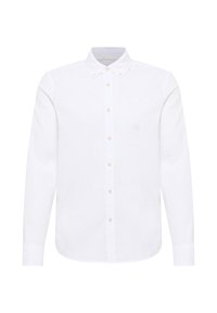Weißes Hemd mit Knopfverschluss aus glattem Stoff, ausgestattet mit einem klassischen Kragen, langen Ärmeln und einer Reihe von Knöpfen vorne.