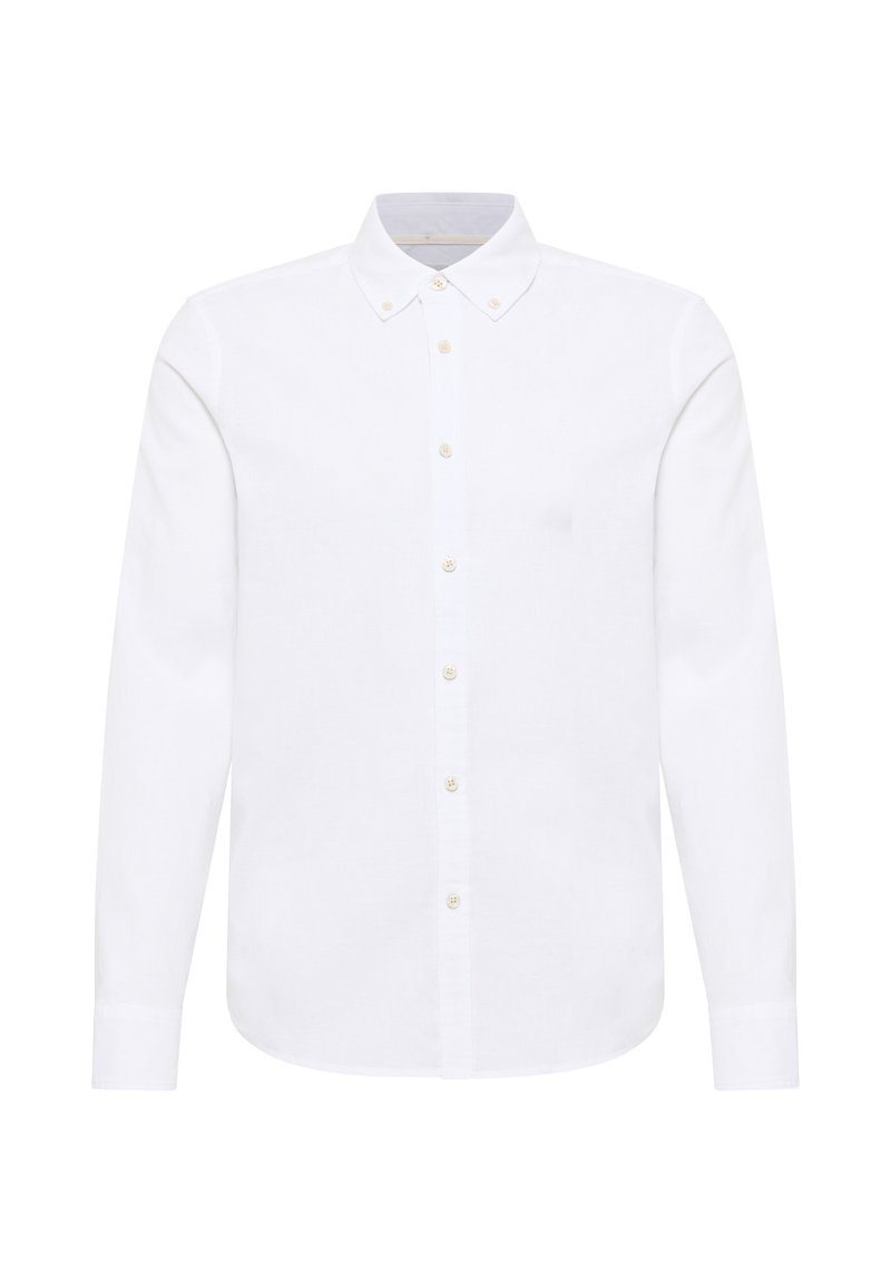 Weißes Hemd mit Knopfverschluss aus glattem Stoff, ausgestattet mit einem klassischen Kragen, langen Ärmeln und einer Reihe von Knöpfen vorne.