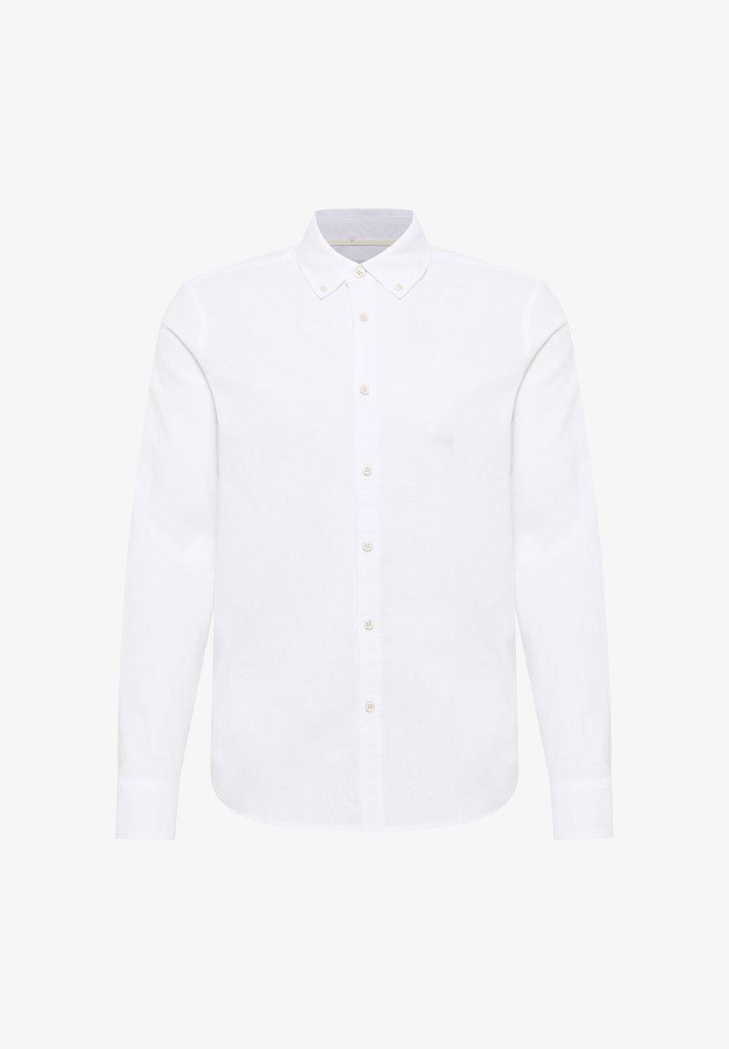Weißes Hemd mit Knopfverschluss aus glattem Stoff, ausgestattet mit einem klassischen Kragen, langen Ärmeln und einer Reihe von Knöpfen vorne.