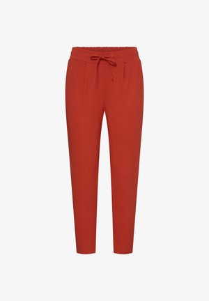 Rozsdaszínű, szűkített szárú nadrág elasztikus derékpánttal és állítható húzózsinórral, oldalzsebekkel és karcsúsított szabással.