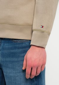 Μπεζ φούτερ με ριμπ μανσέτες, με μικρό κόκκινο, άσπρο και μπλε λογότυπο στο μανίκι. Συνδυάζεται με μπλε τζιν παντελόνι.