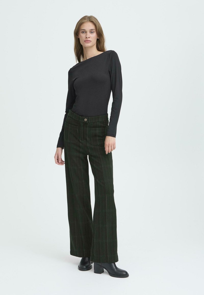 Pantalon En Lin à Carreaux Ichi Antiquites Taille Libre - Couleur Indigo Naturel, Style Décontracté