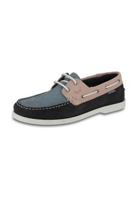 Zapato náutico con cordones en piel azul y negra, que presenta un panel rosa claro, costuras blancas y una suela de goma con un pequeño tacón.