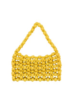Borsa gialla realizzata con perline rotonde, con un motivo a griglia e una sola tracolla. Texture liscia con un design giocoso.