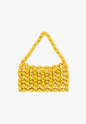 Geantă galbenă din margele rotunde, cu un model în grilă și o singură curea pentru umăr. Textură netedă cu un design jucăuș.