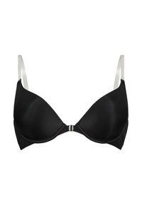 Zwarte gewatteerde bh van glad, matte stof. Heeft verstelbare banden en een sluiting aan de voorkant met een detail van zilverkleurig beslag.